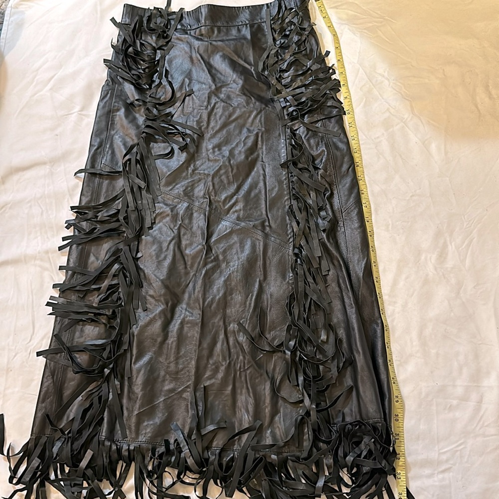 Zara Studio Long Black sheep leather skirt with fringes size extra small